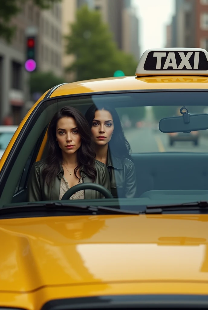 duas mulheres ( a 40-year-old and a 30-year-old,  dark haired  ) In the accent behind a taxi 