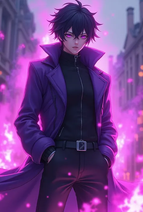 Satriakun have the power of purple fire and have purple eye and wear purple black jacket anime 3D