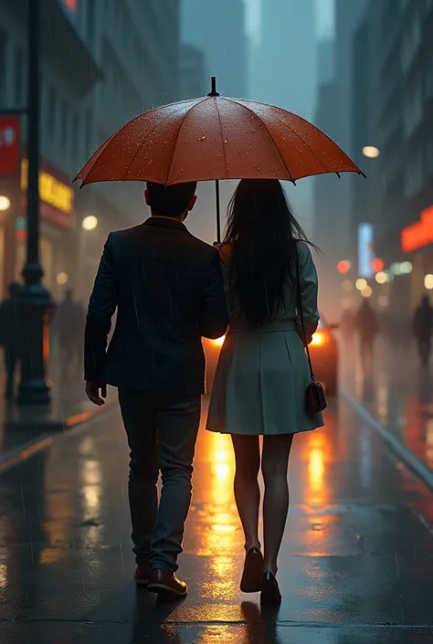 As they walked together, the rain drummed against the umbrella, creating a cozy, intimate space.

