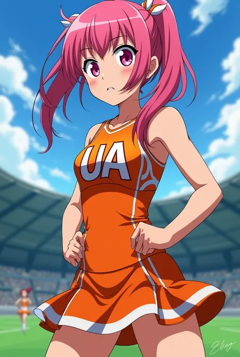 Boku no hero academia,  comics panel of a female, she has pink hair, and pink eyes, she is a hero, she is wearing  orange ua cheerleader uniform, in sports field