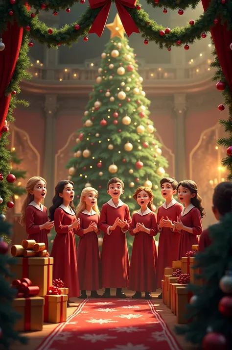 Christmas choirs with tree, garlands and gifts