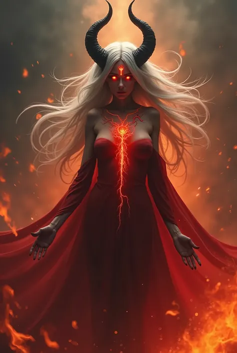 This image portrays a ominous, mystical female figure with an aura of power and menace.

The woman has is ethereal and otherworldly presence.
She has prominent dark horns that curve upwards, resembling those of a demon or mythical creature.
Her eyes glow w...