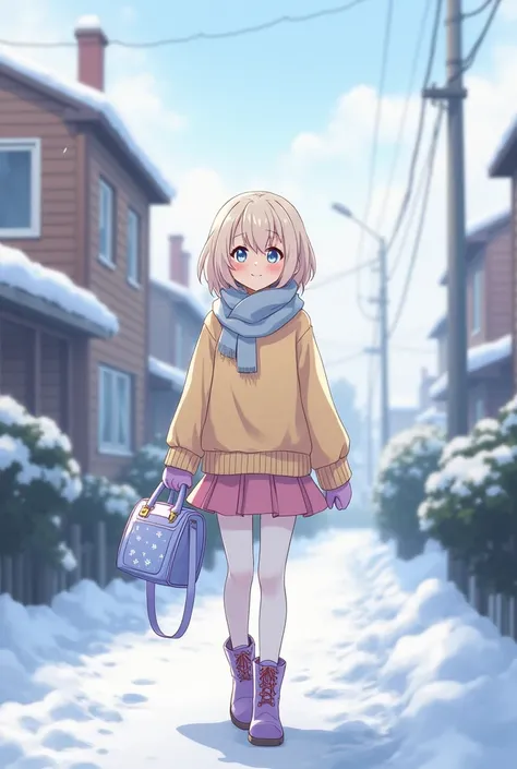 EyesHD:1.2, masterpiece, best quality, ultra-detailed, very aesthetic, sharp focus, depth of field, cinematic, a quiet snowy neighborhood with soft winter light, an otokonoko walking along a snow-covered street,  
short pastel cream hair with soft waves, w...