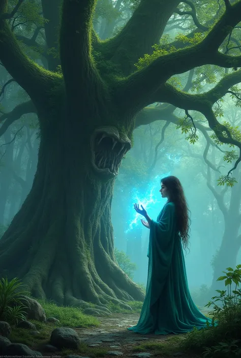 " In a dense forest ,  a young witch in a moss-green robe standing in front of a giant tree that has luminous leaves.  The tree seemed to have a life of its own ,  with slowly moving branches and roots who creeps into the ground with a mysterious .  The wi...