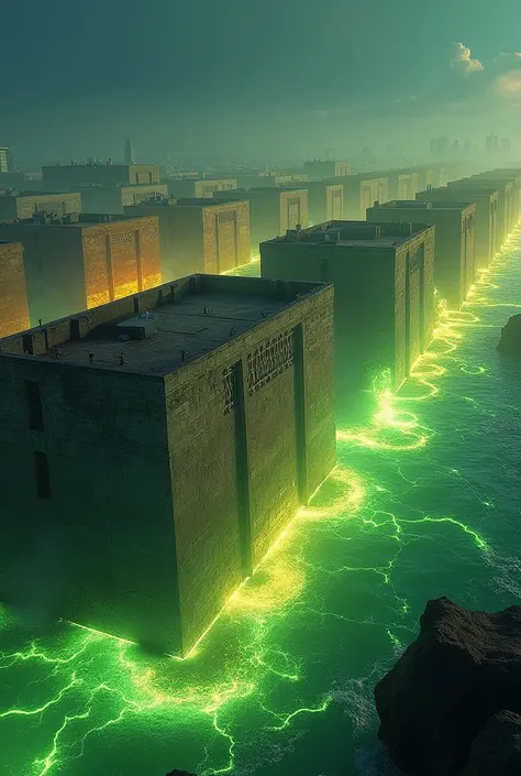 A defensive line of Havanas historic fortifications ,  reinforced by magical barriers of green and golden light.