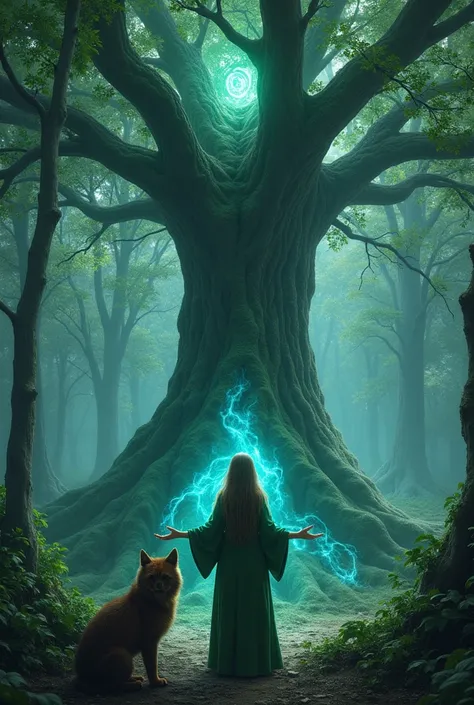 " In a dense forest ,  a young witch in a moss-green robe standing in front of a giant tree that has luminous leaves.  The tree seemed to have a life of its own ,  with slowly moving branches and roots who creeps into the ground with a mysterious .  The wi...