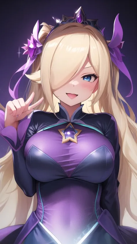   erotic 、Rosalina、Blonde、 Big Breasts、Alone, Sparkling light blue inner 、 Purple Wicked Background 、  top quality,  detailed face ,  detailed eyes on board,  high definition ,、 Evil Evil Female Executive、 Wicked Smile 、Open your mouth slightly、White Breat...