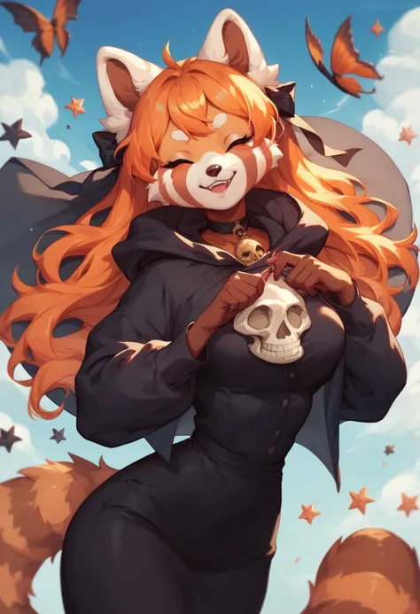 A cute anthro red panda with orange hair closed eyes with ouija board planchette on her right eye shes wearing black cloak and black robes with skulls on it she has skull design bows and a coffin purse 