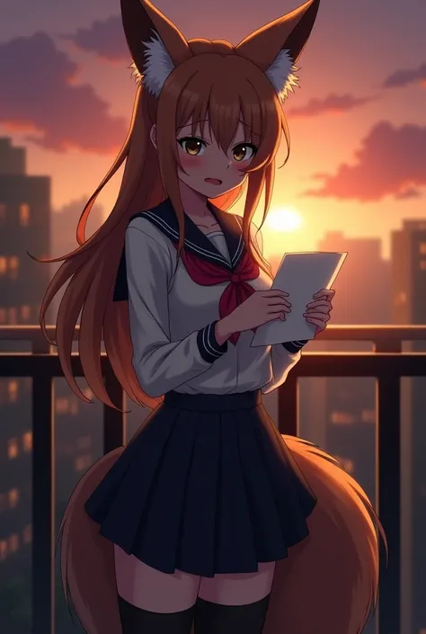 Anime nine-tailed fox woman with Japanese uniform have medium breast. She is looking to camera. She is wearing black leggings. The railing is behind her in sunset. She is crying wail with a love letter in her hand.