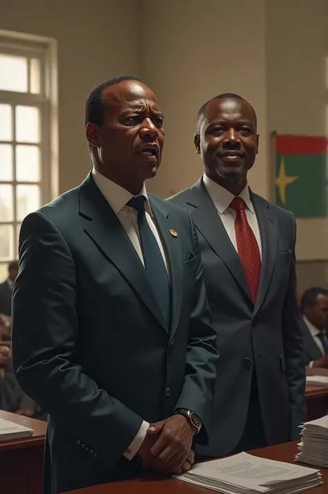 Create a realistic image of the Ivorian President Alassane Ouattara crying and near him we must see the president of the PDCI-RDA Mr. Tidjane Thiam smiling.
Larrière-plan doit être un bureau de vote. 