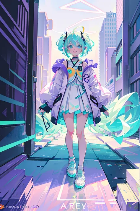 ((best quality)), ((masterpiece)), (detailed), 1girl, ((pastel lavender bob hair)),mint green highlights, futuristic anime-style outfit, (pastel lavender cropped bomber jacket with geometric neon accents), layered pleated skirt in pale gray and pastel gree...