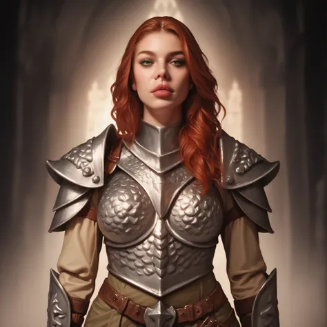 Portrait of a dwarven female warrior, front view, (medium shot:1.3), one person standing, short and athletic build, long auburn hair
BREAK
green eyes
BREAK
light skin
BREAK
wearing fantasy world costume of tan clothing and chainmail armor, realistic backgr...