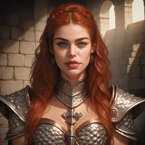 Portrait of a dwarven female warrior, front view, (medium shot:1.3), one person standing, short and athletic build, long auburn hair
BREAK
green eyes
BREAK
light skin
BREAK
wearing fantasy world costume of tan clothing and chainmail armor, realistic backgr...