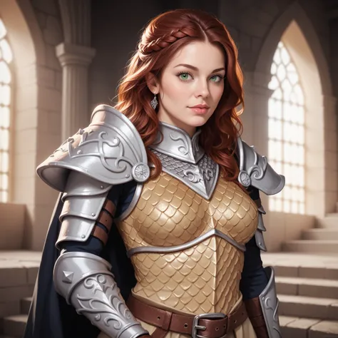 Portrait of a dwarven female warrior, front view, (medium shot:1.3), one person standing, short and athletic build, long auburn hair
BREAK
green eyes
BREAK
light skin
BREAK
wearing fantasy world costume of tan clothing and chainmail armor, realistic backgr...