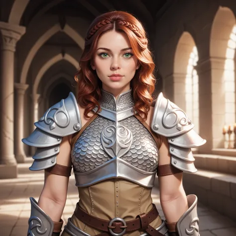 Portrait of a dwarven female warrior, front view, (medium shot:1.3), one person standing, short and athletic build, long auburn hair
BREAK
green eyes
BREAK
light skin
BREAK
wearing fantasy world costume of tan clothing and chainmail armor, realistic backgr...