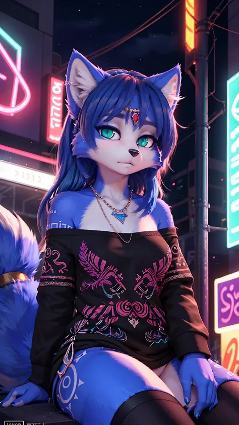 ((krystal)), Star Fox-Krystal, lovable, green eyes, ((( Long blue hair 1 .3))), Decollete, anthro, Fuzzy,  detailed Fluffys fell,  detailed face , (Fluffy),  1 girl, ,woman, Goth, green eyes, undercut, ultra-realistic 8k cg ,  masterpiece, (( ultra-detaile...