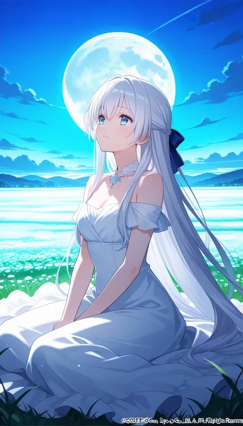 High quality anime art, Long white hair, Long hair, blue eyes, highly detailed face, elegant, vibrant colors, Cinematic lighting, sit under moon light, meadow background, night