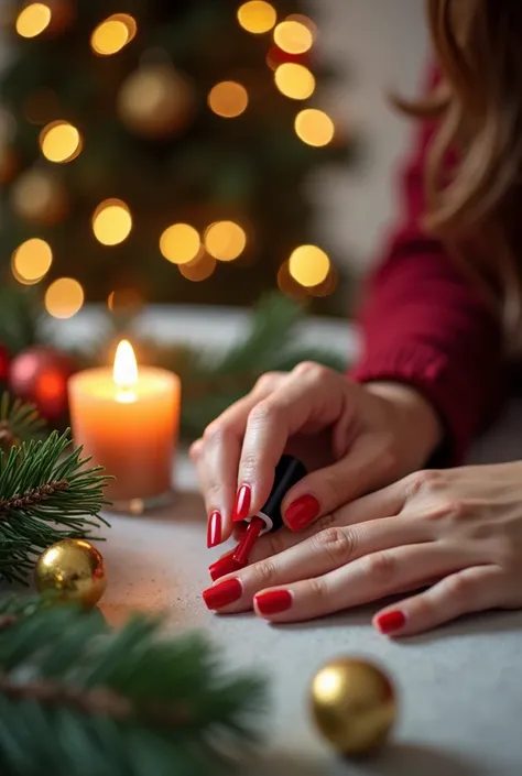 A focus on feminine hands applying bright red polish to perfectly maintained nails. Around the table,  Christmas decorations such as pine branches ,  mini golden balls and a burning candle .  in the background ,  warm unfocused lights add a festive touch ....