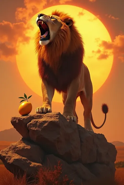 A powerful lion stands on a savanna rock, roaring at a ripe golden mango lying nearby, framed by a fiery sunset.
