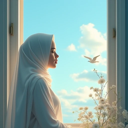 A muslim girl,Masterpiece,stand at the corner of a window,window with some flower,her backside,face has not show, White hijab, motion lines,a blue sky with birds and cloud,
