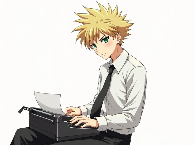 anime man,  green eyes ,  ulybka,  beautiful , High,  White shirt,  black pants , black tie,  stylish hairstyle , blond, hair like a hedgehog,   on a white background,  playing cars , close-up,  only the face is visible, hand and typewriter 