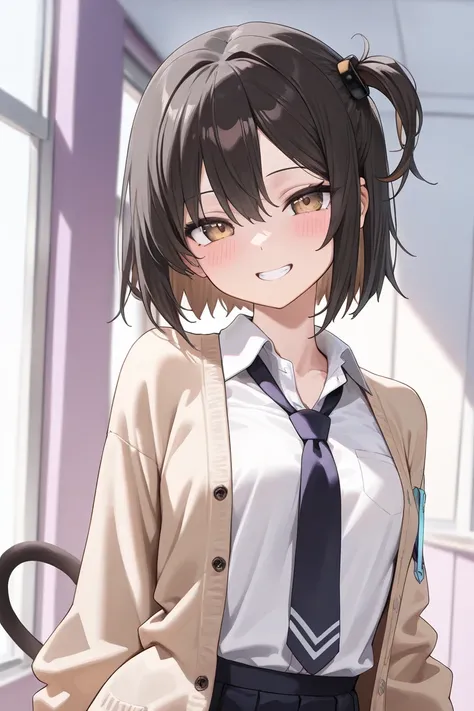 (Best quality, 4k, 8k, high resolution, masterpiece:1.2), ultra detailed, intricate details,SOLO,beautiful girl, alone, school uniform, short hair, hair in a side tail, black hair with brown ends, purple, small breasts tie, open cardigan, blush, perfect sm...