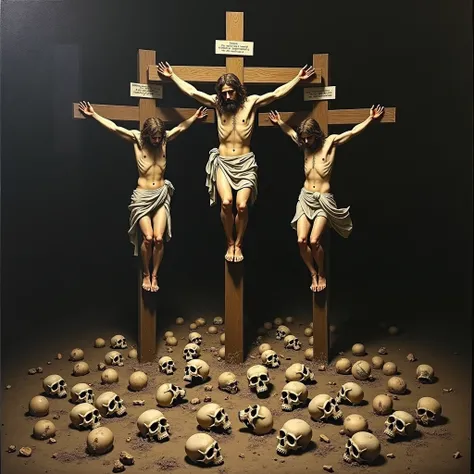 Create a painting of crosses on Calvary, the ground is covered with skeleton heads, highly detailed, masterpiece 