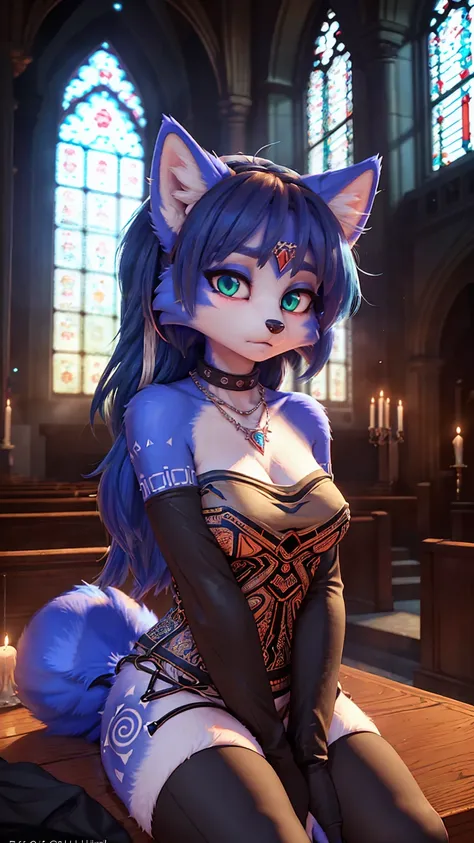 ((krystal)), Star Fox-Krystal, lovable, green eyes, ((( Long blue hair 1 .3))), Decollete, anthro, Fuzzy,  detailed Fluffys fell,  detailed face , (Fluffy),  1 girl, ,woman, Goth, green eyes, undercut, ultra-realistic 8k cg ,  masterpiece, (( ultra-detaile...