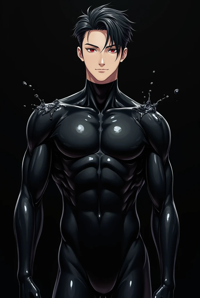 anime character: anime handsome．High image quality. Muscular, Handsome man in a tight black latex suit handsome.asia handsome．black hair．red eye．hair slicked back.short hair．The background is black, black．black．black．A black liquid with a high amount of mu...