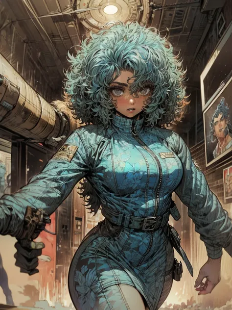  curly blue hair. Deep coffee eyes , dark and energetic.  She wears a floral print dress with leather jacket. to hide. comic style, Marvel Comics