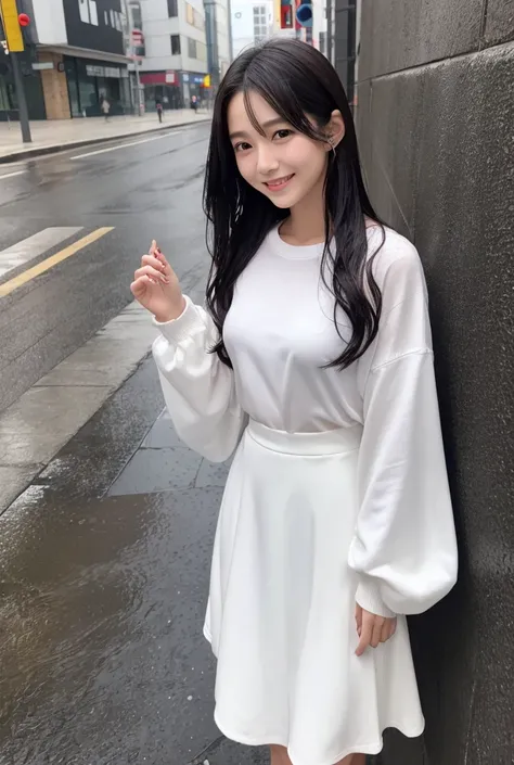  woman standing by a wall on the street 、 girl taking off 、 Japanese、２５age、 cute woman wet in the rain、 Slender、smile、Crested long hair 、 shiny hair with makeup、 long sleeve white knit fabric with black long skirt