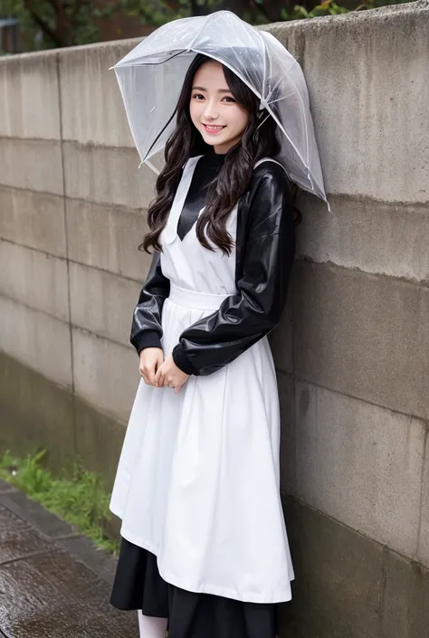  woman standing by a wall on the street 、 girl taking off 、 Japanese、２５age、 cute woman wet in the rain、 Slender、smile、Crested long hair 、 shiny hair with makeup、 long sleeve white knit fabric with black long skirt