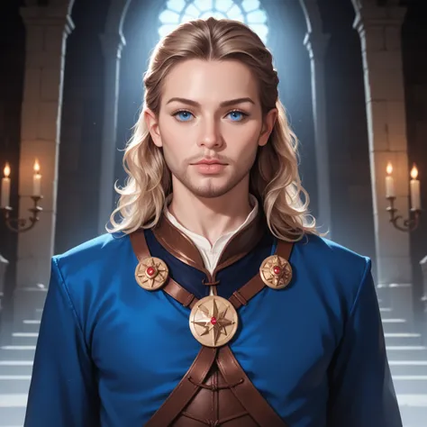 Portrait of a human male cleric, front view, (medium shot:1.3), one person standing, tall and athletic build, long dark blond hair and beard
BREAK
dark blue eyes
BREAK
light tan skin
BREAK
wearing fantasy world costume of white and blue vestments, realisti...