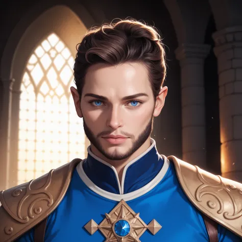 Portrait of a human male cleric, front view, (medium shot:1.3), one person standing, tall and athletic build, long dark blond hair and beard
BREAK
dark blue eyes
BREAK
light tan skin
BREAK
wearing fantasy world costume of white and blue vestments, realisti...