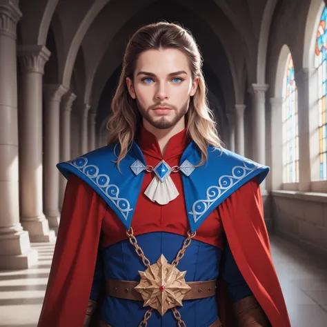 Portrait of a human male cleric, front view, (medium shot:1.3), one person standing, tall and athletic build, long dark blond hair and beard
BREAK
dark blue eyes
BREAK
light tan skin
BREAK
wearing fantasy world costume of white and blue vestments, realisti...