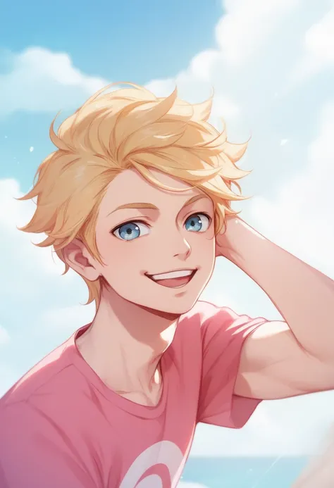 Boruto,boy,,solo,blonde hair,spicky short hair,pink t-shirt,smiling,boruto uzumaki