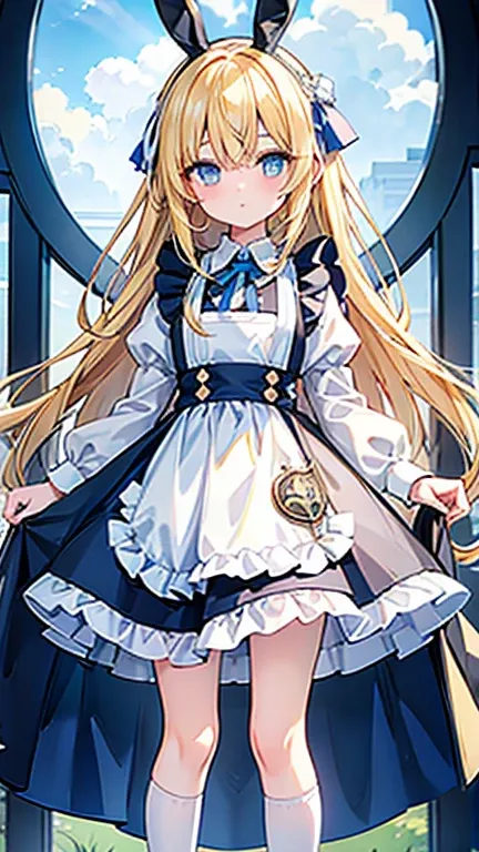 a giant pocket watch stands behind him, and playing cards fly all around him.wearing white apron on light blue short skirt dress, wearing light blue short skirt dress,""wearing ribbon like black bunny ear"", "Bunny ear ribbon" is generally refers to ribbon...