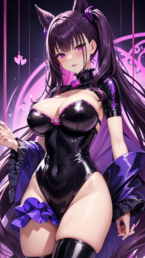  erotic 、Murasaki Shikibu、purple hair long twin tails 、 BLUE ARCHIVE、Big Breasts、 shiny black and light blue latex bondage、 pink love hotel with dim lights、 pink wall 、Melting erotic expression 、Open your mouth slightly、Evil female executive、adult、Married ...