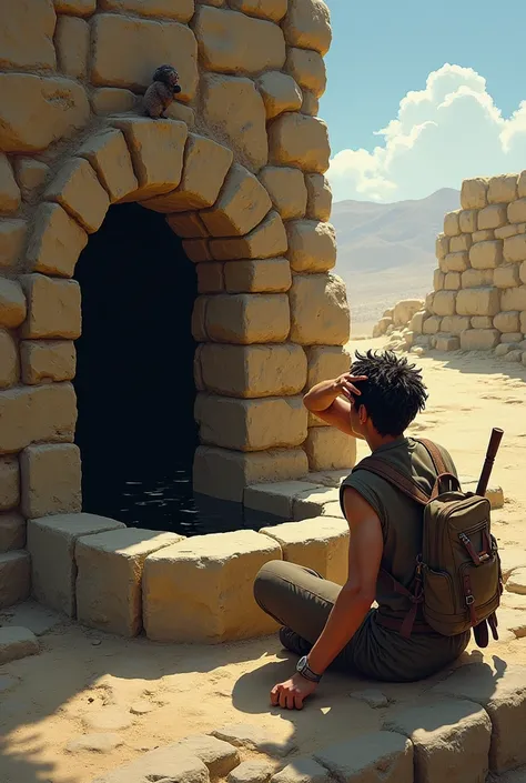 A tired traveler sitting by an old stone well, sweat on his face, holding his hand over his eyes to shield from the sun, looking down into the deep well. 