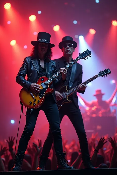 A young Indonesian man at a concert playing a Gibson guitar with GNR guitarist slash on a pangung under the lights of the concert stage