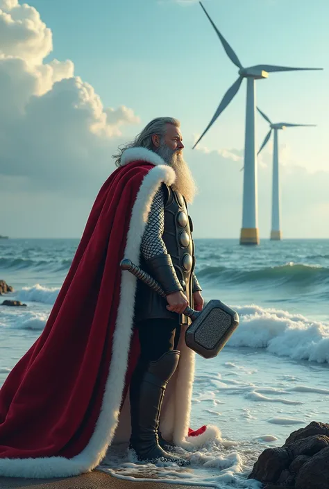 Thor as Santa Claus in the sea with hammer,  In the background wind turbines 