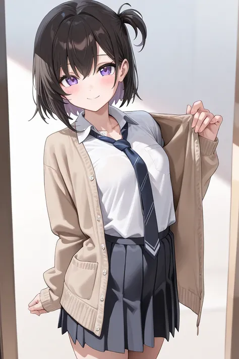 (Best quality, 4k, 8k, high resolution, masterpiece:1.2), ultra detailed, intricate details,SOLO,beautiful girl, alone, school uniform, short hair, hair in a side tail, black hair with brown ends, purple eyes, small breasts tie, open cardigan, blush, perfe...