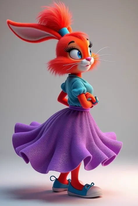  Lola Bunny wears a purple dress (sometimes wears a blue ) , she has an elastic band on her head and her color is red fur
and she shows her wristwatch on her arm 