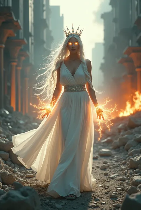  Beautiful woman,  walking in a city in ruins and flames, very long snow white hair ,flowy white dress  , diamond crown,Hands with electricity,she has glowing gold eyes 