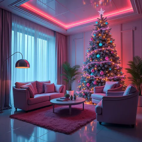 masterpiece, highest quality, (futuristic:1.5) christmas living room, (Robot Barbie:1.4) with metallic features, neon accents, (holographic decorations:1.3), sleek furniture, vibrant colors, (glowing ornaments:1.2), cybernetic enhancements, (dynamic lighti...