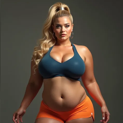 Best quality, mature woman, giant breasts, giant ass, very curvy, blonde styled hair, marvelous eyes, full lips, seductive, high ponytail, sexy blue sports bra, orange yoga shorts, silver hoops, thick thighs, curvy physique, facing viewer on all fours