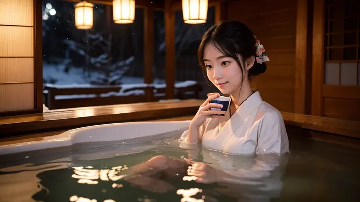 8k, RAW photo, best quality, masterpiece:1.2), (realistic, photo-realistic:1.4), (extremely detailed 8k wallpaper).A serene Japanese onsen (hot spring) inn during a peaceful winter evening, surrounded by snow-covered trees and soft lantern light. Steam ris...