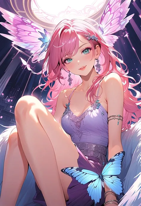 The character features a woman with pink hair, blue ombre hair decorated with silver ornaments and crystal butterfly wings. Her face is firm, her lips are seductive, with sharp shining green eyes and subtle pink makeup all around., Bangs, Hair accessory, s...