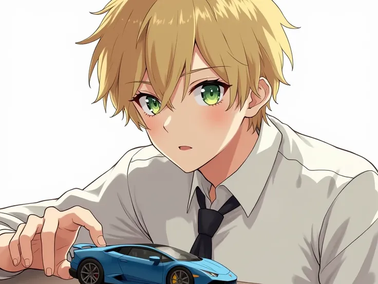 anime man,  green eyes ,  ulybka,  beautiful , High,  White shirt,  black pants , black tie,  stylish hairstyle , blond, hair like a hedgehog,   on a white background,  looks at a small toy sports car, thats on the office desk, close-up,  only the face is ...