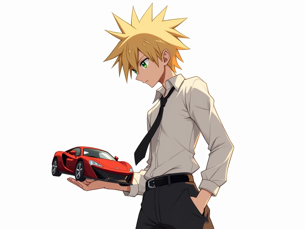 anime man,  green eyes ,  ulybka,  beautiful , High,  White shirt,  black pants , black tie,  stylish hairstyle , blond, hair like a hedgehog,   on a white background,  looks at a small toy sports car, close-up